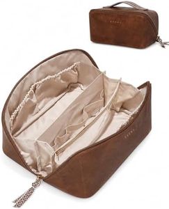 EACHY Travel Makeup Bag for Women, PU Leather Cosmetic Bag, Brown, Large