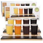 Beer Tasting Flight Sampler Boards (2 Pack) - Set Includes Eight 6 oz Pilsner Craft Brew Glasses & 2 Wooden Paddles w Chalkboards - Great for Football Game Nights - Great for St Patrick's Day Parties