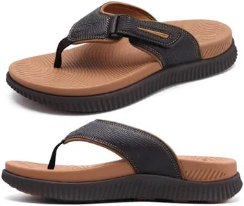 KuaiLu Mens Leather Flip Flops Men's Recovery Walking Sandals Orthotic Thick Athletic Cushion Sport Slides for Man Outdoor Summer Beach Water Sandles with Comfortable Plantar Fasciitis Arch Support
