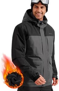 FREE SOLDIER Men's Waterproof Ski Jacket Fleece Lined Warm Winter Snow Coat with Hood Fully Taped Seams(Gray Black,M)