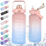 Half Gallon/64oz Daily Sports Water Bottle with Straw & Motivational Time Marker,BPA Free Plastic Water Jug,2 Liter Drinking Bottle for Fitness,Travel,Camp and Outdoor Sports(64oz/2000ml,Pink to Blue)