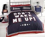 Bedding Heaven Don't Wake Me Up Duvet Cover. Fully Reversible. Perfect Teenage Bedding Set. Blue and Red Striped Single,