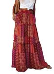 Oyamiki Womens Skirts High Waisted Skirt A-Line Boho Pleated Swing Peasant Skirt with Pockets Printed Red L