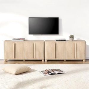 Hotmeily 65" Sideboard Buffet Cabinets with Storage Set of 2, Wood Grain Top Credenza with Adjustable Shelves, Curved Accent Cabinets with Round Legs for Living Room, Coffee Bar, Natural Wood