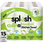 Splesh Culina Kitchen Towel - 15 XL Rolls (1050 Sheets) 3 Ply Ultra Absorbent & Extra Strong, Large Eco-Friendly Household Kitchen Rolls - 70 Super Sized Triple Layered Sheets Per Roll