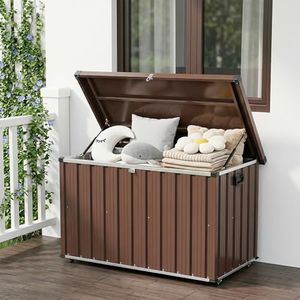GarveeLife 160 Gallon Outdoor Metal Deck Storage Box – Waterproof Galvanized Steel, Lockable Soft-Close Lid, Dual Gas Struts, Wheels & Handles – Large Patio Storage Bin for Cushions, Pool, Brown
