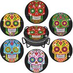 Tucocoo 6 Pcs Skull DIY Diamond Paintings Coasters Kits with Holder,Skeleton Flower 5D Art Set,Full Drill Rhinestone Painting for Adults & Kids,Beginners Craft Supplies, 4 Inch