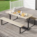 YITAHOME Picnic Table 6ft Heavy Duty Outdoor Picnic Table and Bench Resin Tabletop & Stable Steel Frame w/Umbrella Hole for Yard Patio Lawn Party Light Brown