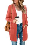 SUEANI Women's Cardigan Sweater Long Sleeve Lightweight Crochet Shrug Hollowed-Out Coat with Pockets(Large, Coral Orange)