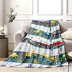 Construction Throw Blanket for Boys, Soft Cozy Cartoon Cars Fluffy Flannel Blanket Gift for Kids, 100 x 130 cm Warm Transportation Fire Truck Fleece Blanket for Toddler Sofa Bed Couch Nursery Decor