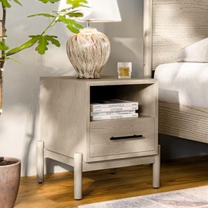 Bme Lyra Solid Wood Nightstand/Side Table/End Table - Easy Assembly - with 2 Drawers Storage for Mid Century Modern Living Room and Bedroom, Oak Light Grey