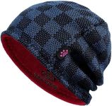 Winter Beanie Hat for Men Women Fleece Lined Thick Warm Plaid Knitted Skull Beanie Reversible Outdoor Windproof Ski Watch Cap, Blue+wine Red, One Size