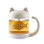 JEWOSTER Cute Cat Glass Cup Tea Mug With Fish Tea Infuser Strainer Filter