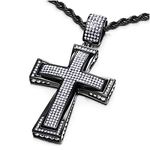 COOLSTEELANDBEYOND Mens Womens Large Black Steel Cross Pendant Necklace with Cubic Zirconia, 30 inches Wheat Chain(CA)