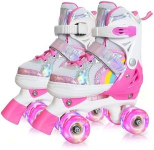 Nattork Girls Roller Skates for Kids Toddler, 4 Sizes Adjustable Rainbow Quad Skates with Light up Wheels,Best Gift for Boys Kids Beginners Indoor Outdoor S