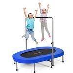 Goplus Foldable Trampoline, Double Mini Kids Trampoline Rebounder with Adjustable Central Handrail and Safety Pad, Exercise Trampoline for Indoor Outdoor Cardio, Max Load 330lbs (Blue)