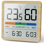 NOKLEAD Room Thermometer Hygrometer Small Digital Temperature Humidity Meter Indoor Thermometers Sensor Air Monitor with Clock Comfort Display Calibration (Wood Grain)