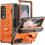 ANROD for Samsung-Galaxy-Z-Fold-3-5G Rugged Case with S Pen Holder [Kickstand] [Hinge Protection] [Screen Protector], Armor Shockproof TPU PC Military Heavy Duty Sturdy Protector Cover (Orange)