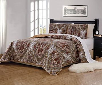 Mk Home 3pc Full/Queen Bedspread Quilted Print Floral White Brown Green Reversible Taupe Over Size New # Portia 66