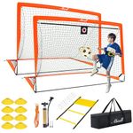 Soccer Goals for Backyard, Set of 2 Soccer Goal for Youth Outdoor Sports Games, 6x4 ft Pop Up Soccer Goal Nets Training Equipment with Ball, Ladder, Cones, Target, Kick Net and Carry Bag - Orange