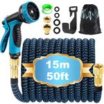 Expandable Garden Hose Pipe 15m 50ft, Hosepipes for Garden Water Hose with 10 Functions Spray Gun, 3/4" 1/2" Connector, Expanding Magic Hose Retractable Flexible Garden Hose for Gardening Car Washing