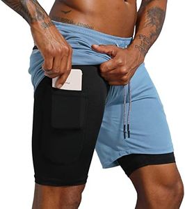 Leidowei Men's 2 in 1 Running Shorts Gym Workout Quick Dry Men Shorts with Phone Pocket (Light Blue, M)