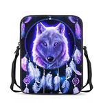 chaqlin Unisex Kids Sling Messenger Totebags,Cool Purple Wolf Pattern School Bags for Boys Girls,Dream Catcher Wolf Mini Crossbody Bags Shoulder Handbags Wallet