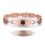 LinnaLove Personalized Medical Alert Bracelets for Women Fashion Stainless Steel Emergency Medical Bracelets w/Free Engraving(ROSE GOLD-type 1 diabetes)