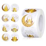 500pcs Eid Mubarak Stickers, 1.5in Ramadan Stickers Islamic Muslim Decoration Ramadan Mubarak Stickers Ramadan Gift Tags for Eid Party Decor Ramadan Party Supplies(Gold)
