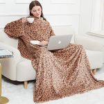 Wearable Blanket with Sleeves and Foot Pockets for Adult, Keep Arms and Feet Warm，Soft Fleece Wearable Blanket WrapThrow with Adjustable Hook and Loop for Reading Watching TV 73"X51"-New Leopard