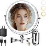 IMIKONA 9" Wall Mounted Lighted Makeup Mirror,4000mAh Rechargeable Double Sided 1X/10X Magnifying Mirror with Light,3 Color Lights,Touch Dimmable,Extended Arm 360 Rotation Wall Mounted Makeup Mirror