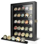 ULTRGEE Challenge Coin Display Case, Coin Collection Display Stand for Wall Military Medal Shadow Box Display Cabinet with Removable Dual Recessed Shelves and UV Resistant Acrylic Panel -Black