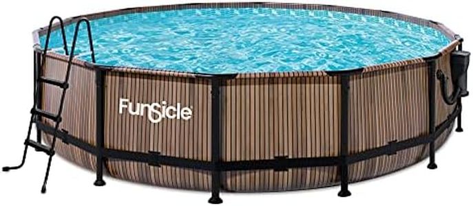 Funsicle 14 Foot x 42 Inch Oasis Designer Outdoor Round Above Ground Swimming Pool with SkimmerPlus Filter Pump, Ladder, and Pool Cover, Natural Teak
