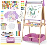 3-in-1 Adjustable Kids Art Easel Set, Height Adjustable Magnetic Whiteboard & Chalkboard with Painting Paper Roll, Wooden Dual-Sided Art Station for Toddlers & Children Ages 3+, Art Supplies Included