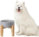 Elevated Ceramic Large Dog Bowl - Raised Dog Dish with Bamboo Stand - Heavy Weighted, No Tip Over, Comfortable Eating - 8.4" Diameter - 4.5 Cups - 68 fl oz - Grey