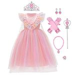 FYMNSI Girls Ice Queen Elsa Princess Costume with Accessories Kids Halloween Birthday Party Cosplay Christmas Carnival Fairy Fancy Dress Up Pageant Tutu Tulle Maxi Ball Prom Gown Pink 5-6Y