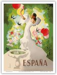 Espana (Spain) - Dancer with Fountain and Birds - Vintage World Travel Poster by Marcias Jose Morell c. 1941 - Master Art Print - 9in x 12in