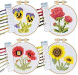 Cross Stitch Kits for Beginners (Flower Theme - 6.75 Inch - 4 Pack 1 x Embroidery Hoop) DIY Embroidery Needlepoint Patterns for Adults, Includes Poppy, Rose, Sunflower and Pansy. Complete Set Included