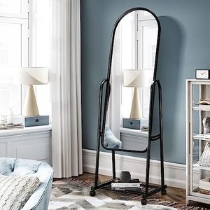 Maxkon Full Length Mirror with Wheels Body Standing Hanging Floor Swivel Tilting Wall Mounted Arch Dressing Makeup Bedroom Hallway Storage Rack Black