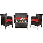 DORTALA 4-Piece Rattan Patio Furniture Set, Outdoor Sofa Table Set with Tempered Glass Coffee Table, Thick Cushion, Wicker Conversation Set for Garden, Lawn, Poolside and Backyard, Red