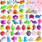 50 Pack Mochi Squeeze Toys, Fun Party Favors for Kids,Stress Relief Toys,Classroom Prizes,Goodie Bags Fillers with Storage Box (50PCS Animal+Fruit)