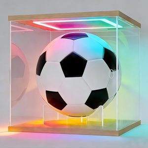 Sheenory Acrylic Soccer Display Case with RGB LED Lights, Dustproof Memorabilia Display Box Showcase for Soccer and lego Collectibles with Removable Ball Stand & UV Protection(Black 9.8x9.8x9.8inch)