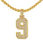 FindChic Fake Gold Number 9 Necklace for Sports Player Baseball Football Basketball One Digit Pendant with 22'' Chain Cubic Zirconia Jewelry Gifts for Son