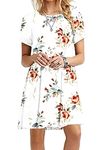 OMZIN Women's Long Shirt Dress Short Sleeve Summer Dress Loose Fit Round Neck Solide Color White Rose 2XS