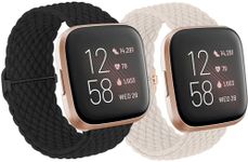 BXKM 2 Pack Braided Solo Loop Straps Compatible with Fitbit Versa 2/Versa/Versa Lite/Versa SE for Women, Adjustable Elastic Stretchy Nylon Sport Bracelet Watch Band (Starlight/Black)