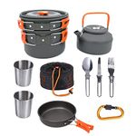 Nasmodo 10pcs Camping Cooking Set cookware Mess kit Outdoor Utensils, Portable Trekking Cooking Accessories for Camping Carabiner, Spoon, Bowl, Glass, Non-Stick pan