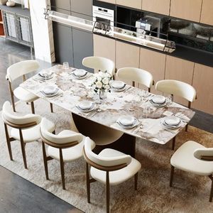 POVISON Extendable Dining Room Table 6-8, 71-95" Expandable Modern Dining Table for 6-10, Rectangular Glossy Pandora Sintered Stone Tabletop for Dining Room, Bronze Base (Dining Table Only)