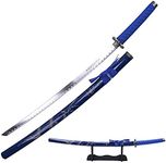 DamaskerUS 40" Japanese Samurai Sword Katana Carbon Steel Blade Dragon Engraved Wooden Sheath w/Stand - Blue