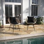 Taylor & Logan Fielder Set of 2 Indoor/Outdoor Papasan Style Patio Chairs, with PE Wicker Rattan Rope and Cushions, Set of 1, Tan/Black