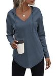 RIROW 2023 Womens Hoodie Pullover Long Sleeve Tops Waffle Knit Ladies Sweatshirts Pocket Greyish Blue L